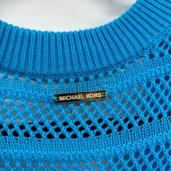 MICHAEL KORS Teal Blue Open Knit V-Neck Hi-Low Tunic Sweater Top Size Medium - Picture 4 of 6